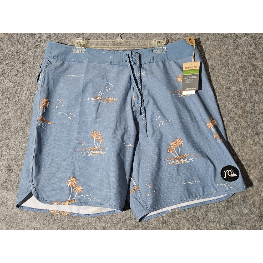 Quiksilver SurfSilk Scallop 19 Blue Boardshort Size 36 BMN7 Palm Tree Mountain